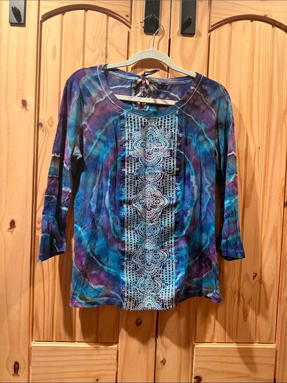 J. Crew Blue and Purple Tie-Dye Embroidered Front Long Sleeve Top